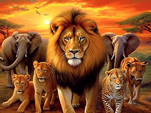 Bimkole 5D Diamond Painting Kits Lion and Elephant, Full Drill Animal Tiger DIY Rhinestone Embroidery Set Paint with Diamonds Art by Number Kits Cross Stitch Home Wall Craft Decoration 12X16 inch