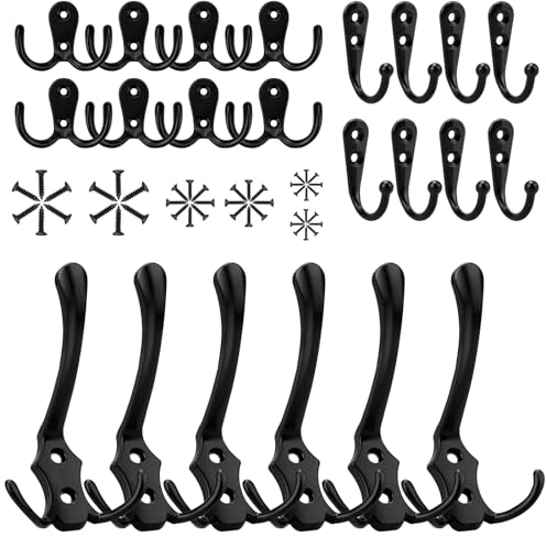 Nafafosa 22 Stück Garderobenhaken Schwarz 6 Wandhaken Vintage 8 Doppelt Wandhaken 8 Haken zum Schrauben Kleiderhaken Wand für Bad Küche Büro Tür Schlafzimmer Kleiderschrank mit 44 Schrauben