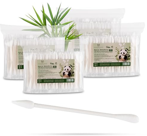 Bastoncillos de algodón para maquillaje(Make-Up) y limpieza, 4 x 100 unidades estériles, empaquetados individualmente, con una punta redonda y otra puntiaguda, en mango de papel duro y resistente