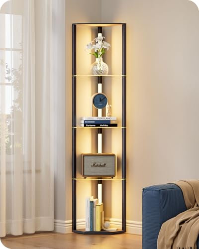 EDISHINE LED Lámparas de Pie con Estantes, Lámpara de Pie Regulable de 4 Capas de Madera, Postes Giratorios de 360°, Lámparas de Pie de Esquina para Sala de Estar, Dormitorio, Oficina, Color Negro