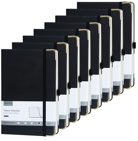 ONAVIA A5 Lined Notebook Hardback, 160 Pages Notepad, 100 GSM, 8 Pack Black