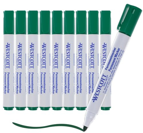 Westcott Marqueurs permanents, 10 pièces, vert | Marqueurs indélébiles | Pointe ronde de 1,5 à 3,0 mm | Rechargeables, résistants à la lumière, séchage rapide, indélébiles | E-713008 00