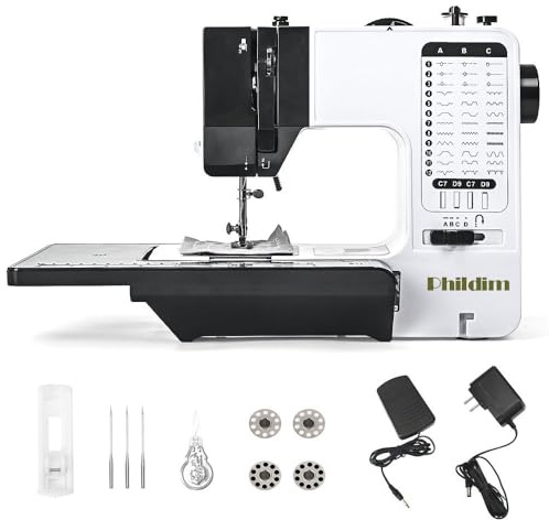 Mini Sewing Machine by Phildim (Extension Table included), Small Portable Sewing Machine, Adult Mending Machine with 38 Built-In Stitches, Reverse Sewing and LED Light PD-056-A20