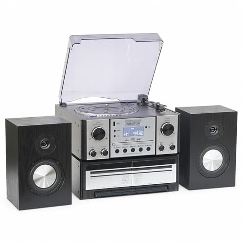 Steepletone HOUSTON XP Silver 6 in 1 Music Centre, Bluetooth Vinyl Record Player, Turntable with CD, Cassette, DAB+ / FM Radio, USB MP3 playback & Encoding, NEW 25Watt High Power Wireless Speakers