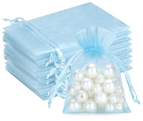 G2PLUS Baby Blue Organza Gift Pouches, 7x9 CM Small Favour Bags, | 50 PCS Wedding Jewelry Bags, Clear Mesh Pouches Perfect for Wedding, Christmas, Birthday, Anniversary