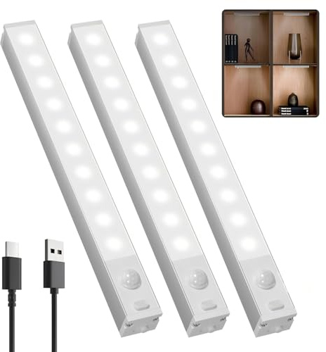 GOODEA Lampe de Placard LED Rechargeable 18cm Sans Fil,3 Pcs Réglette LED Lumiere Armoire Détecteur de Mouvement Pour Armoire à Linge, étagère à Livres, Escalier, Couloir, Voiture de Camping 8000K