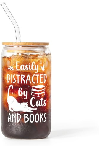 SteadStyle Book Cat Lovers Gifts - 16oz Glass Cups with Lid & Straw for Readers, Bookworm, Cat Lovers - Cute Bookish Present, Coffee Tumbler - Reading Accessories & Book Club Gifts