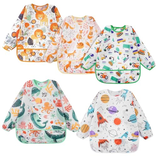 Vicloon Bibs with Sleeves, 5Pcs Long Sleeve Waterproof Bibs, Unisex Feeding Bib with Large Pocket, Bib Apron Lovely Cute Cartoon Bibes for Infant Toddler 6 Months to 24 Months