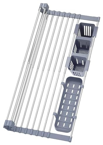 Égouttoir à Vaisselle Extensible,, Enroulable pour Évier, Acier Inoxydable, Extensible jusqu’à 58 cm, avec 2 Porte-Ustensiles Amovibles – Séchoir Vaisselle Pliable, Accessoire Maison Pratique