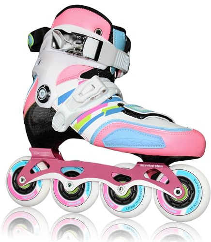 Inline Skates for Girls Boys, Performance Carbon Fibre Roller Skates Blades for Kids Ages 4-12 with PU Wheels, Fun Beginner Skates for Outdoor & Indoor (Pink and White, Large-Youth（4-5.5 US）)