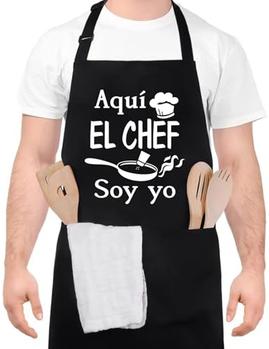 Halinuia Negro Hombre Delantal, Ajustable Chef Delantal con 2 Bolsillos | Delantales de Cocina Hombre Mujer Impermeable Delantales de Cocina para Papá, Esposo, Abuelo