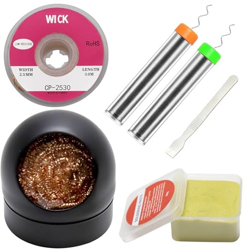 6-in-1 solder kit, soldering iron tip cleaner +1.0mm solder wire(11g*2pcs)+Rosin Solder Flux Paste (1.75 oz/50g), desoldering wick (2.5 * 3.0mm,9.8ft) Stainless steel scraper stir welding tool