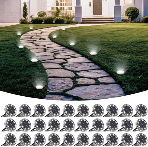 LOTMOS 30 Paquetes Luces Solares LED Exterior Jardin Suelo, 8 LED Impermeable Luz Solar Exterior Jardín, Lamparas Solares Suelo Camino, Terraza, Patio, Césped, Blanco Frío