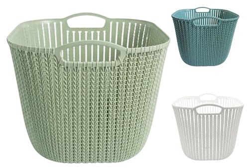Cesta Portaoggetti Multiuso, Plastica Resistente, Design Intrecciato Ventilato, Manici Integrati, Contenitore Salvaspazio per Bagno, Bucato, Cameretta e Cucina 31,7x31x26 cm (Verde)