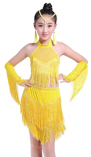 Robe Danse Latine Fille Paillettes Franges, Costume Salsa Rumba Cha Cha Tango, Haut Soutien Gorge Scintillant Bretelles Réglables, Tenue Spectacle Scène Dancewear pour Enfant 3-16 Ans