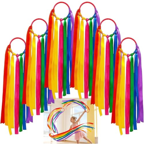 SINJAETRQ 6 Pack Rainbow Ribbon Wands, 45cm Dance Ribbons Streamers with 10cm Rings, Colorful Rhythmic Gymnastics Equipment for Talent Shows, Physical Training & Activities