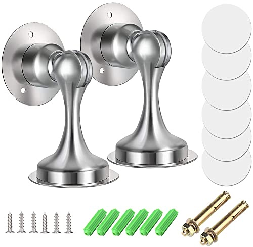 Shackcom 2 piezas Topes para Puertas succión Magnético-Acero Inoxidable - tope puerta adhesivo - para Pared o Piso-Incluye cinta de doble cara y tornillos - No es necesario perforar-Door stopper