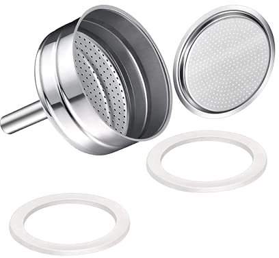 Saraoriginalshop Set 2 Guranizioni 1 Filtro 1 Imbuto ricambi universali per Moka compatibili con Bialetti compatibili con Pedrini ed altri disponibili in 4 misure. (3 Tazze)