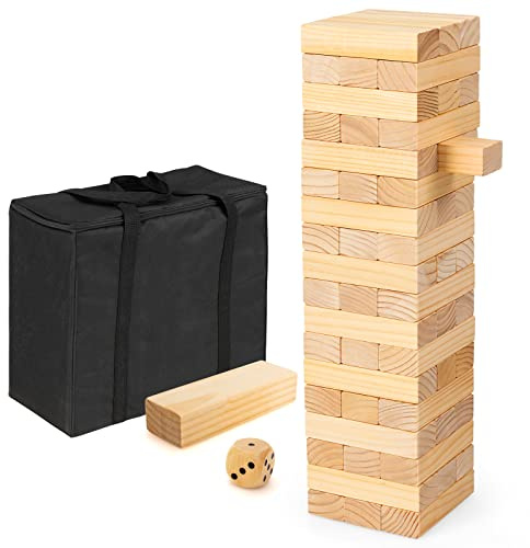 RELAX4LIFE Torre Traballante in Legno di Pino da Sottrarre e Costruire, con 54 Blocchi Impilabili, Dado, Borsa di Trasporto Portatile, per Bambini e Adulti