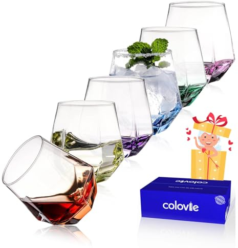 ColoVie Weingläser ohne Stiel, farbige Weingläser, diamantförmig, einzigartig, bunt, 284 ml. Rotweingläser, Cocktail. Gefrierschrank- und spülmaschinenfest. Sichere Geschenkverpackung, 6 Stück