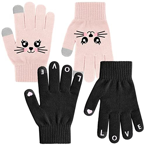 GSAFEME Kids Winter Gloves with Touch Screen Full Finger Magic Stretch Knit Mittens for Girls and Boys 2prs Cat Print Black+Pink 6-10Y