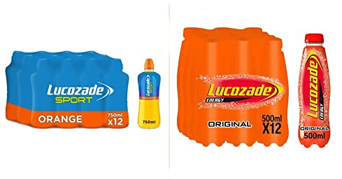 Lucozade Sport Isotonic Drink Orange Flavour with Sugars and Sweetener - 750ml |Pack of 12 & Energy Original 12 x 500ml bottles
