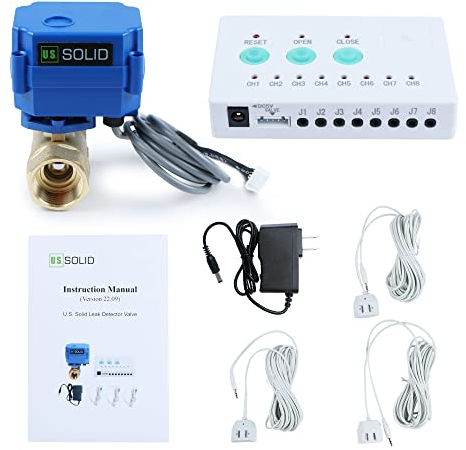 U.S. Solid Détecteur de Fuite d'eau - Système de détection de Fuite d'eau avec Valve à Billes en Laiton motorisée de 3/4 à Fermeture Automatique, contrôleur et 3 capteurs et Alarme sonore