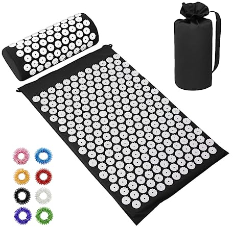 BULZEU Tappetino per agopressione con cuscino, set per agopressione contro collo e mal di schiena, tappetino per agopuntura, tappetino da massaggio per rilassamento e massaggio, con 8 palline da
