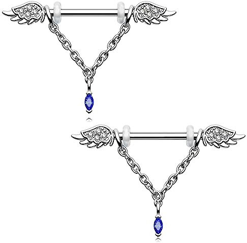 Melighting 14g Brustwarzenpiercings mit Baumelnden Ketten Nippelringe Blauer Edelstein Nipple Bars aus Edelstahl 316L Nipple Piercings Schmuck 14mm Barbell Piercings Körperschmuck