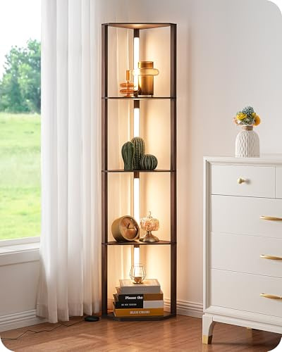 EDISHINE LED Floor Lamps with Shelves, 4 Layers Wood Dimmable Standing Lamp | 360° Rotatable Poles, 3-Colour Temperature & Dimmable, Corner Floor Lamps for Living Room Bedroom Office, Walnut Brown