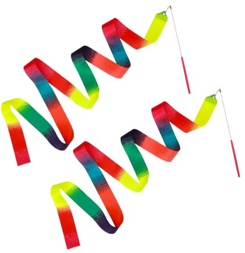 2 Stück Tanzband, Gymnastikband mit Stab, 2M Gymnastik Farbband Tanzbänder Kinder, Streamer Rhythmische Sportgymnastik Band Tanzbänder für Künstlerische Tanztraining Talentshow (Regenbogenfarben)