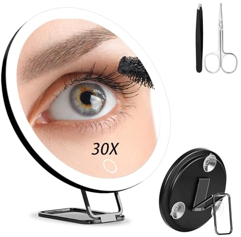 Junyaoxuan 30X Magnifying Mirror with Light,6 Large Makeup Magnifying Makeup Mirror with 3 colors Dimmable,Table Stand,3 Suction Cups,Black