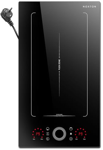 NOXTON Domino Plaque induction Flexzone 2 Feux avec Curseur Rond, Induction 2 Foyers avec prise, Table de Cuisson Induction Encastrable avec Minuterie, Verrouillage de Sécurité, 220-240 V, 3500W