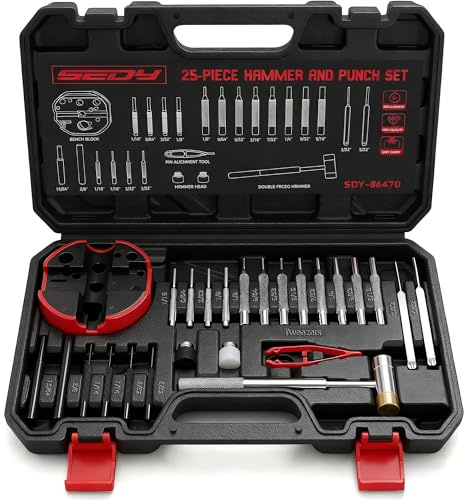 Premium Pin Punch Hammer Set: 25-Piece Punch Set and Hammer with Bench Block, Steel Roll Pin Punch Set, Pin Punches with Replaceable Face Hammer, Mechanical Repair Tool for Maintenance