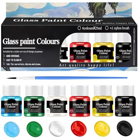 Allony Glasfarbe Spülmaschinenfest, Glass Paint, Glasmalfarben, Keramik Bemalen Set, Reine und Helle, Zarte Paste, Ideal Zum Bemalen Von Tassen, Vasen und Glas, 6 * 25ml