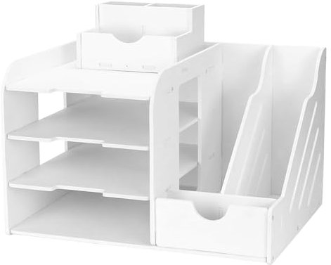 Schreibtisch Organizer, Büro Aufbewahrung mit Großer Kapazität, Büro Organizer, Schreibtisch-Ablage zur Ordentlichen Aufbewahrung von A4-Papier, Stiften, Büchern, Briefen, Dokumenten (Weiß)