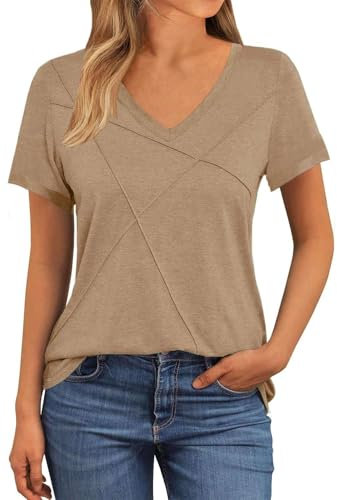 NAIOSS Damen Tshirt Kurzarm V-Ausschnitt Oberteile Sommer Elegant Baumwolle Shirts Casual Tops Bluse(braun/XXL)