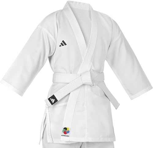 adidas WKF Karate Gi - Karate Suit, Student Training & Sparring Uniform with Elasticated Waistband, Made of 100% Lightweight Polyester, Mesh Inserts, Breathable, Comes with a Belt, 100cm – 190cm