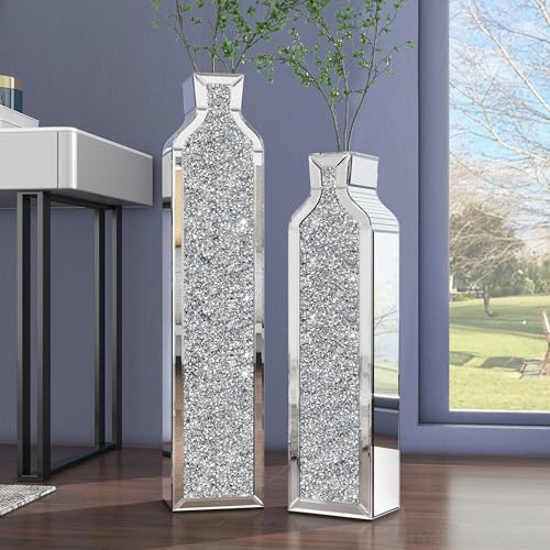 SHYFOY Crushed Diamond - Set di 2 vasi da pavimento a specchio, moderni, argentati, in cristallo, decorativi, grandi, per soggiorno, camera da letto, ufficio, 61 cm e 76 cm
