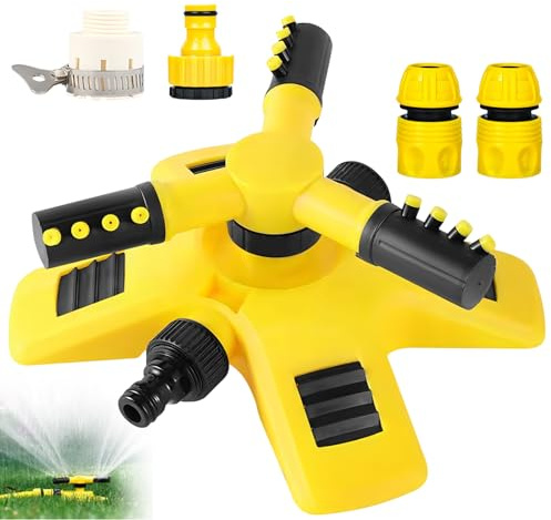 Aspersor Jardín Rotante Ajustable 360º, 3 Brazos Aspersores de Riego Césped Automático Pulverización Efficiente, Equipos Agua Irrigador Rotación Multiusos para Exteriores Plantas, Flores, Verduras
