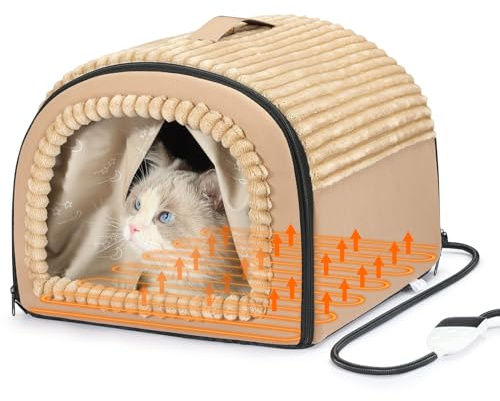Smart Heated Cat Bed Cave Pet House for Indoor Cats & Small Dogs, Washable & Foldable with Removable Cushion, 17.72x14.96x12.6 inches, Brown