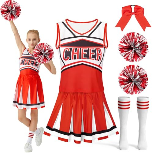 Lubolee Déguisement Pompom Girl Fille avec Haut, Jupe, Bandeau, Pompons et Collants - Déguisement d'Animatrice Enfant pour Carnaval, Halloween, Cosplay et Représentations (150)