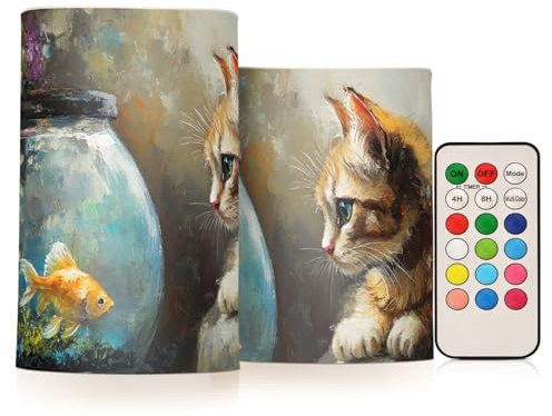 NFMILI Flameless Candles Fishbowl Cat Print Set of 2, Battery Operated with Remote Control, LED Warm Light for Party Room Table Decor