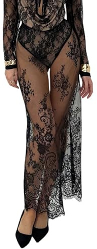 MakeMeChic Women's Floral Lace Sheer Maxi Skirt Mesh See Through Elegant Cover Up Long Skirts Black Medium