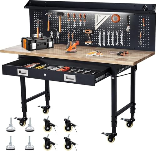 Adjustable Height Heavy Duty Workbench, 60x22 Sturdy Rubber Wood Top, 2000 lbs Capacity, Pegboard, Drawer Storage, Power Outlet, Lockable Wheels, Mobile Garage & Workshop Table, Black