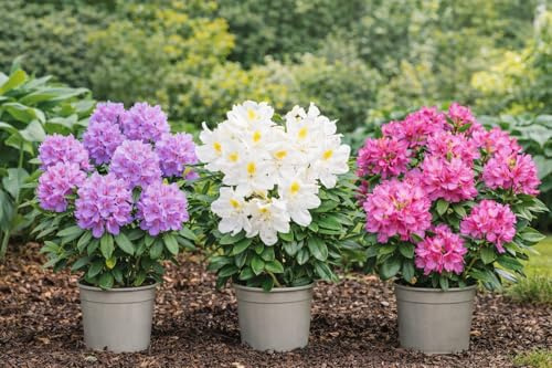 3er-Set Rhododendron/Alpenrose Lila, Rosa & Weiß Immergrüne winterharte Blühsträucher Zierpflanzen für Garten, Beet, Balkon & Kübel pflegeleicht Höhe inkl. Topf 15-20 cm