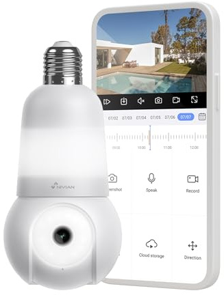 NIVIAN Cámara de vigilancia WiFi Tipo Bombilla E27 2K- Movimiento 360º con Audio, luz, Reconocimiento y Seguimiento de Humanos-Visión Nocturna, Compatible con Alexa, Google Home, Tuya App