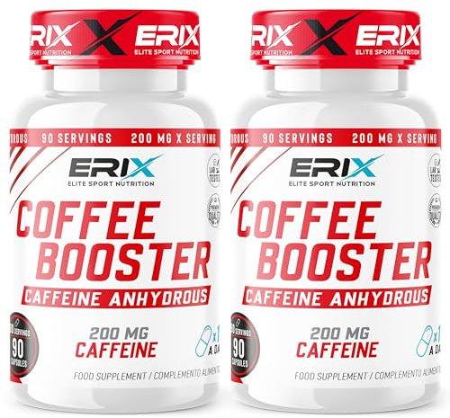 ERIX Nutrición Coffe Booster [Pack de 2] - 200mg de Cafeína Anhidra Pura - Energía Explosiva Pre-Entreno y Máximo Enfoque Mental - Termogénico Acelerador del Metabolismo - 180 Cápsulas