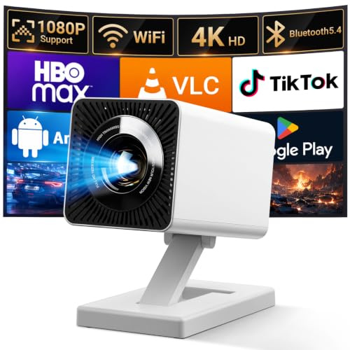 Mini-projektor, 4K, mångsidiga anslutningar, Ethernet, HDMI, USB, blåljusfilter, optisk lins, 180° justerbart stativ, automatisk trapetskorrigering, WiFi6 BT5.4, 1 års garanti hemma och