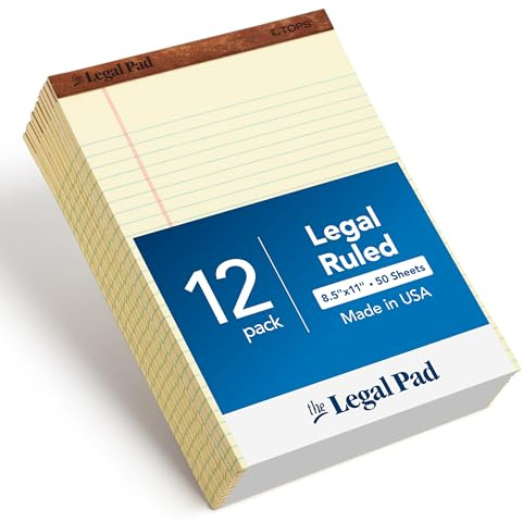 TOPS 8.5 x 11.75 Legal Pads, 12 Pack, The Legal Pad Brand, Wide Ruled, Yellow Paper, 50 Sheets Per Writing Pad, Made in the USA (7532)